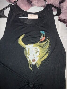 Buckle Black Tank Top with Yellow and Teal Graphic